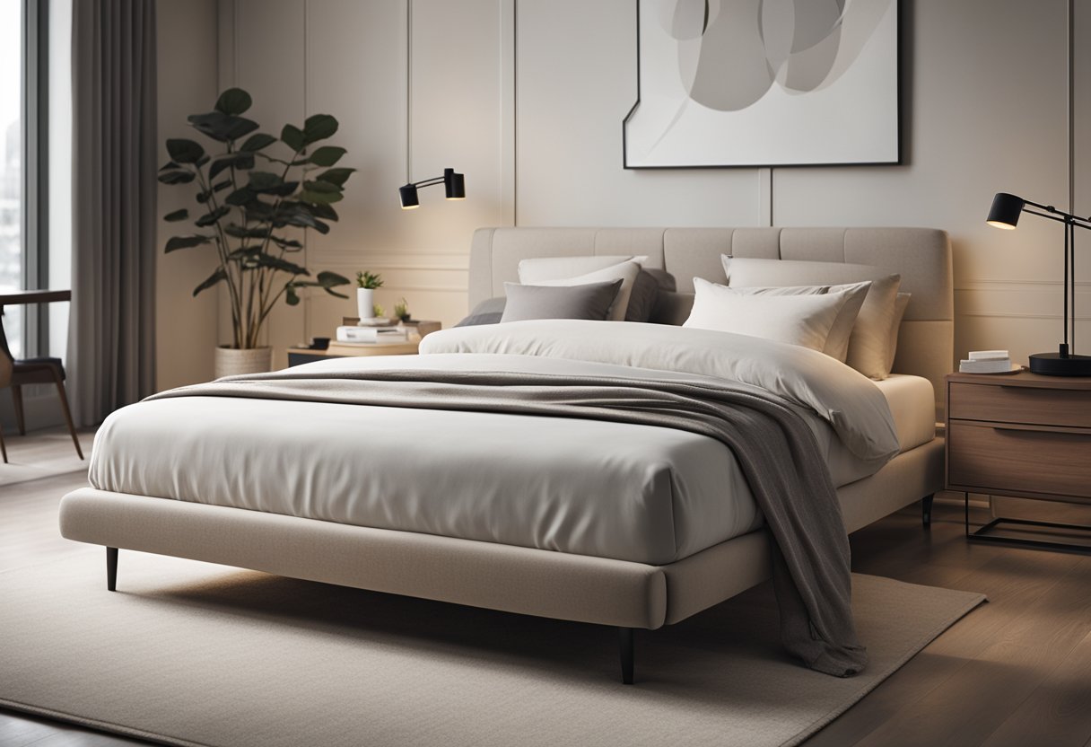 A simple bed with clean lines and minimalistic design, placed in a serene bedroom with neutral colors and soft lighting