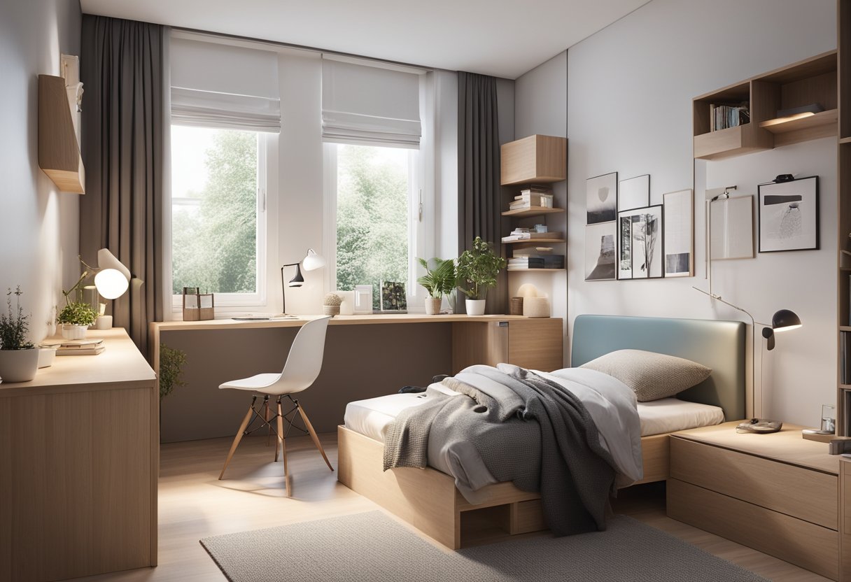 A cozy 5 sqm bedroom with a minimalist design. A single bed is placed against the wall, with a small desk and chair nearby. The room is well-organized with storage solutions to maximize the space