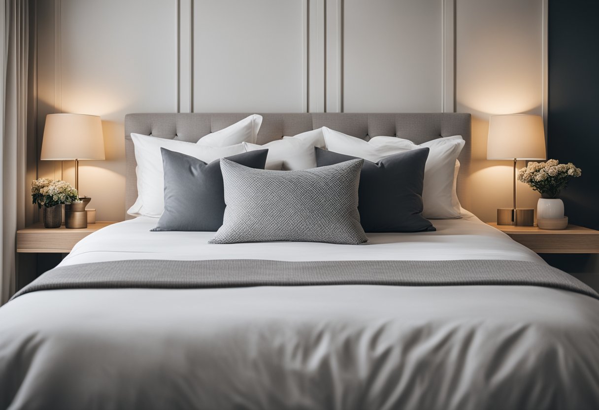 A simple bed with clean lines and minimalistic design, surrounded by soft, neutral-colored bedding and a few decorative pillows