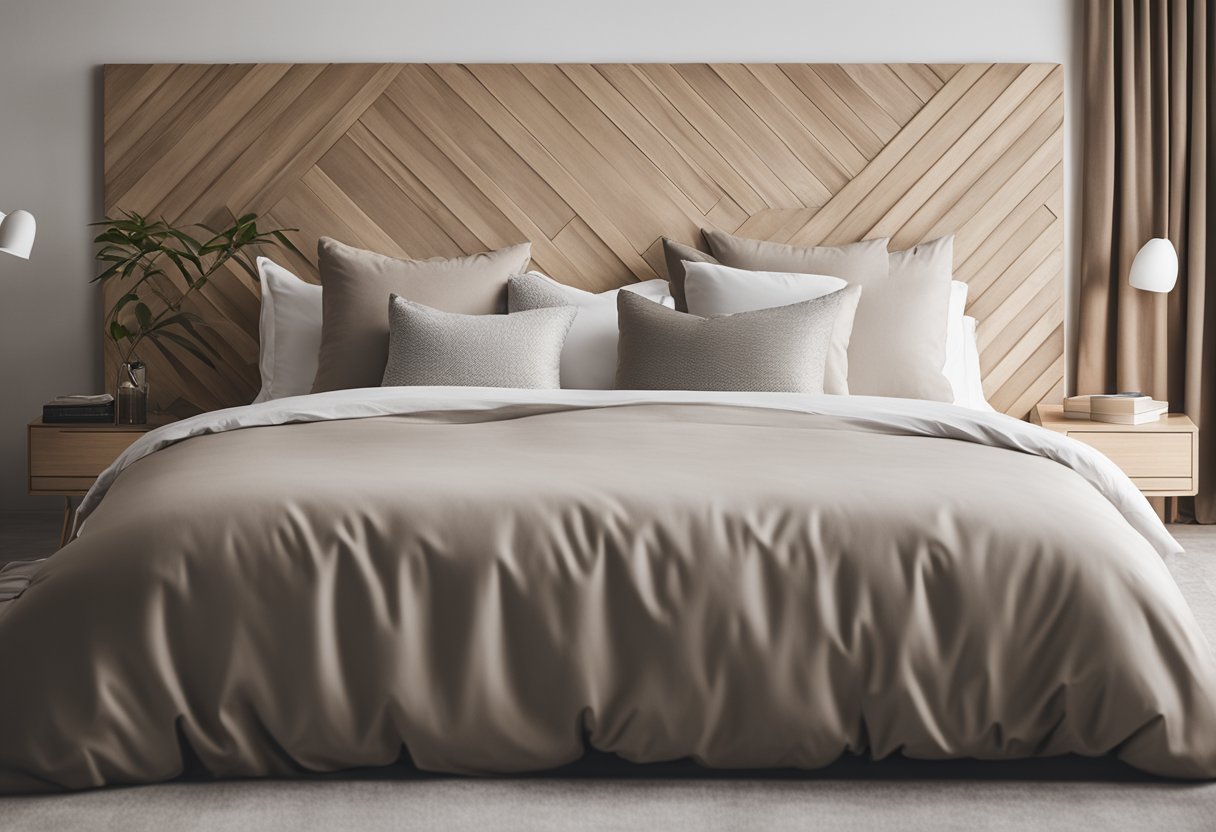 A clean, minimalist bed with a sleek headboard and neutral bedding, surrounded by simple, modern decor