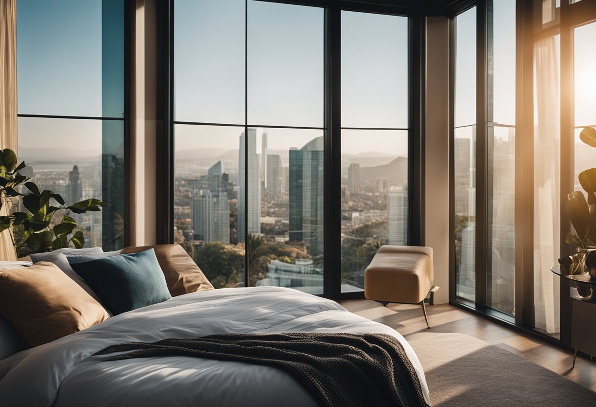 A bedroom with a large glass window featuring a modern geometric design