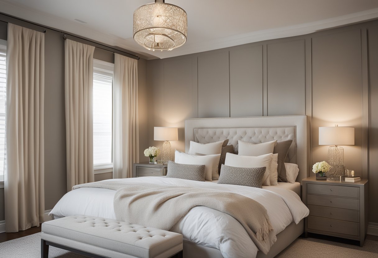 A cozy master bedroom with a neutral color scheme, a comfortable queen-sized bed with soft bedding, a small side table with a lamp, and a mirror on the wall