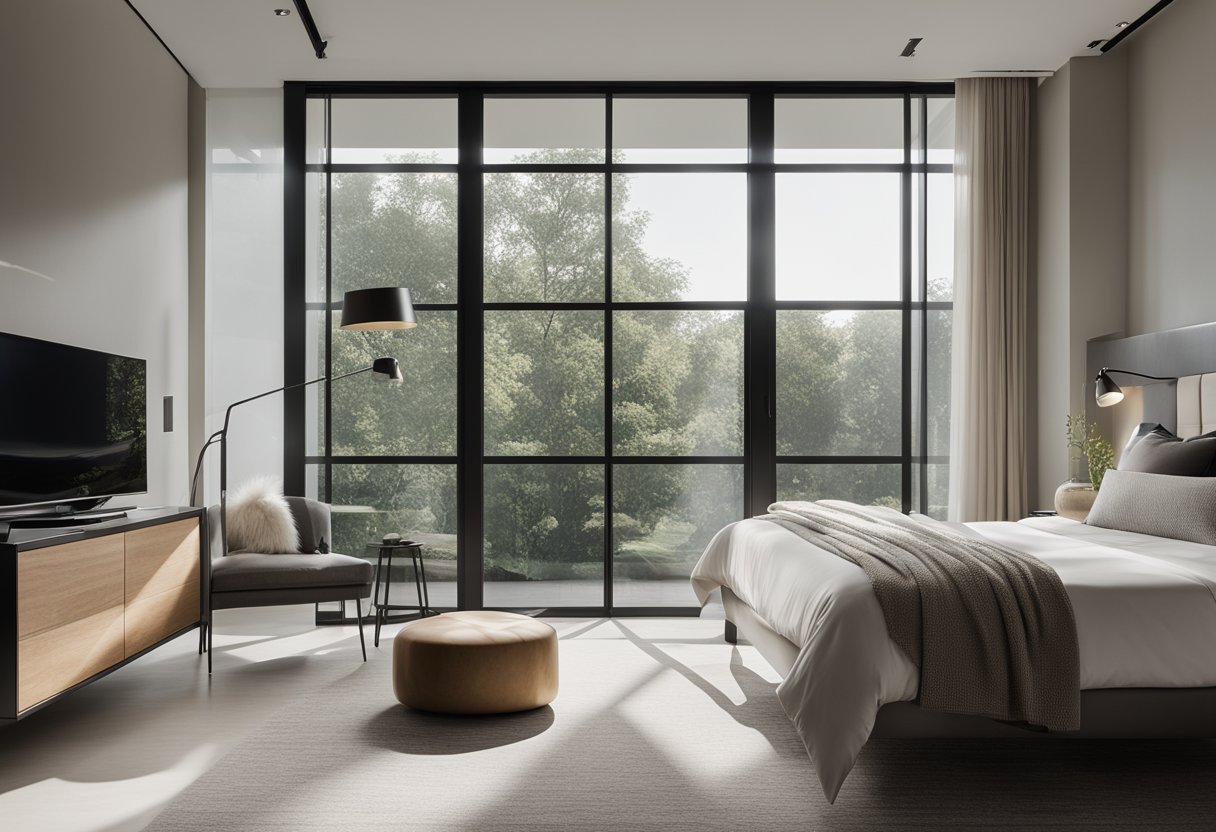 A modern bedroom with a large glass window, allowing natural light to fill the room. The window is framed with sleek metal, and the room features minimalist furniture and neutral color palette