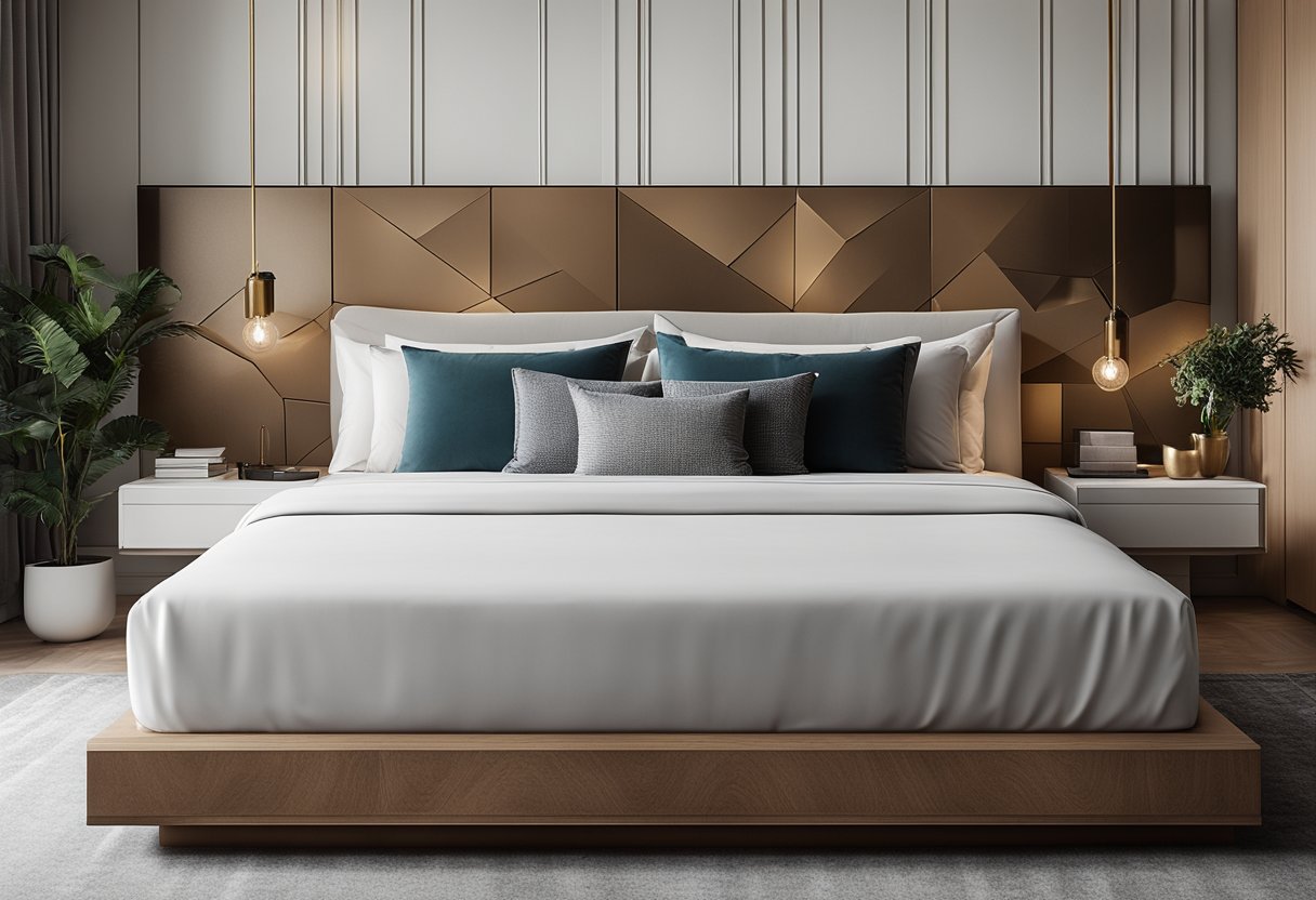 A modern bedroom with a sleek platform bed, minimalist nightstands, and a statement dresser with clean lines and geometric shapes