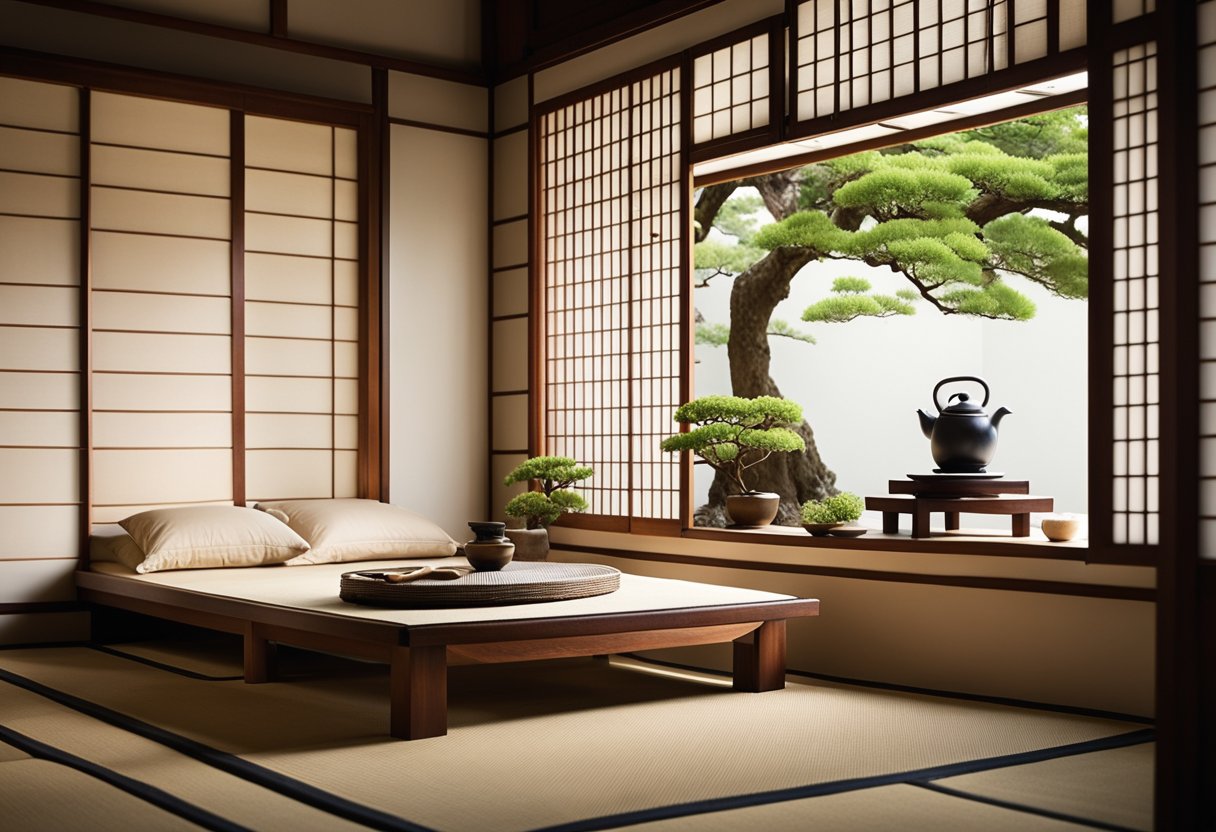 A low wooden bed with tatami flooring, sliding shoji doors, and a tokonoma alcove with a hanging scroll. A traditional tea set and bonsai tree add to the serene atmosphere