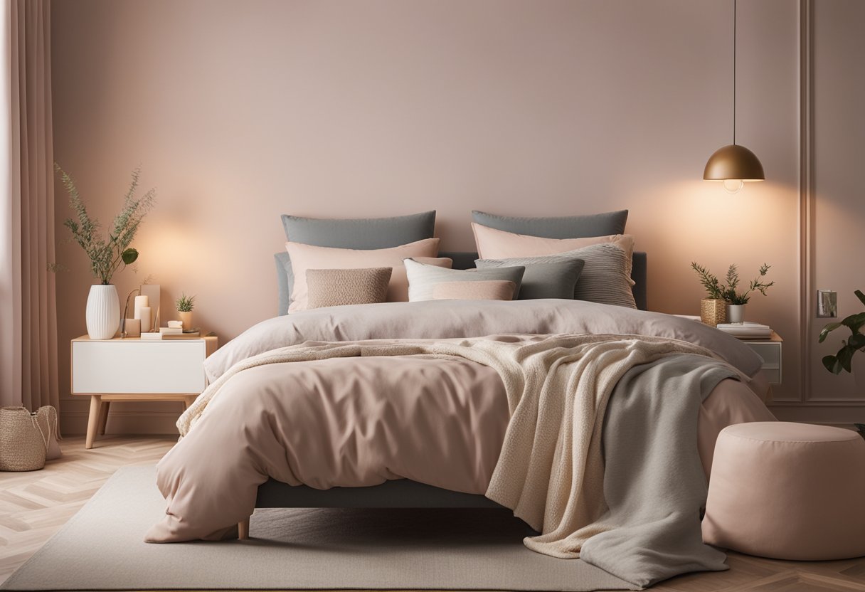 A cozy bedroom with a feature wall painted in a soothing pastel color, complemented by neutral tones on the other walls. A large, comfortable bed with soft, layered bedding sits in the center, surrounded by warm lighting and minimalist decor
