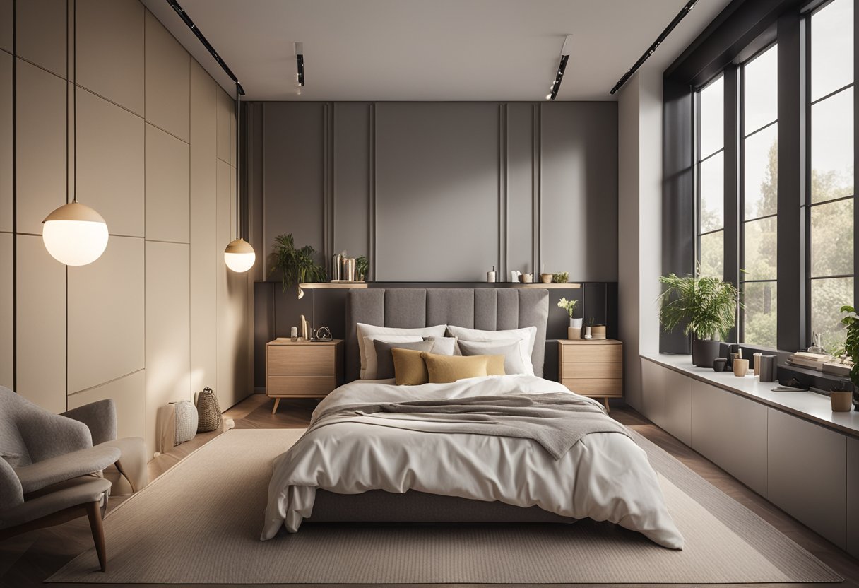 A bright, spacious bedroom with a large window, cozy bed, and modern furniture. Soft, neutral colors and warm lighting create a relaxing atmosphere