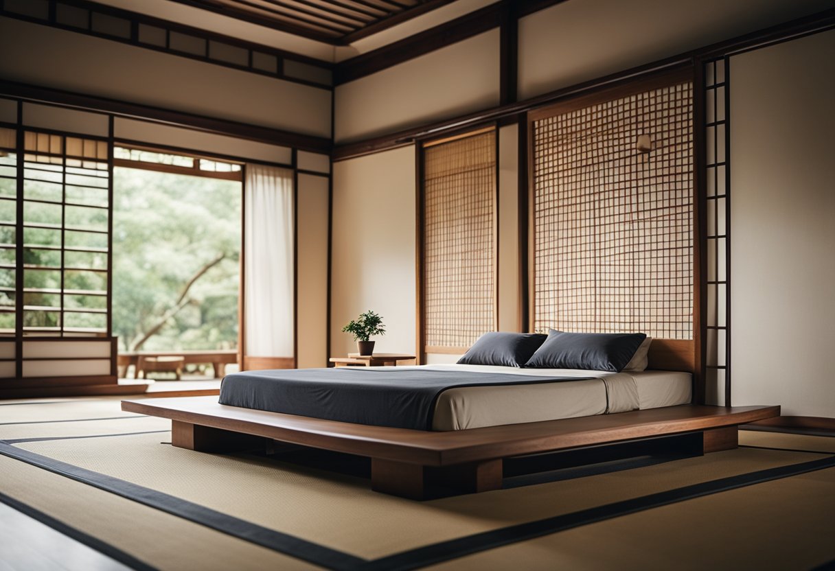 A low wooden bed with a tatami mat, sliding shoji screens, and minimal decor like a bonsai tree and hanging scrolls