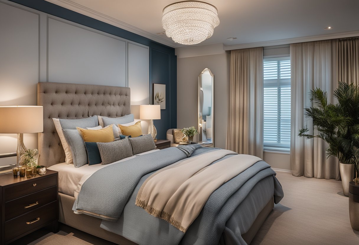 A cozy bedroom with a symmetrical layout, featuring a bed centered against a decorative headboard, flanked by matching nightstands and lamps. A spacious dresser and mirror complete the ensemble