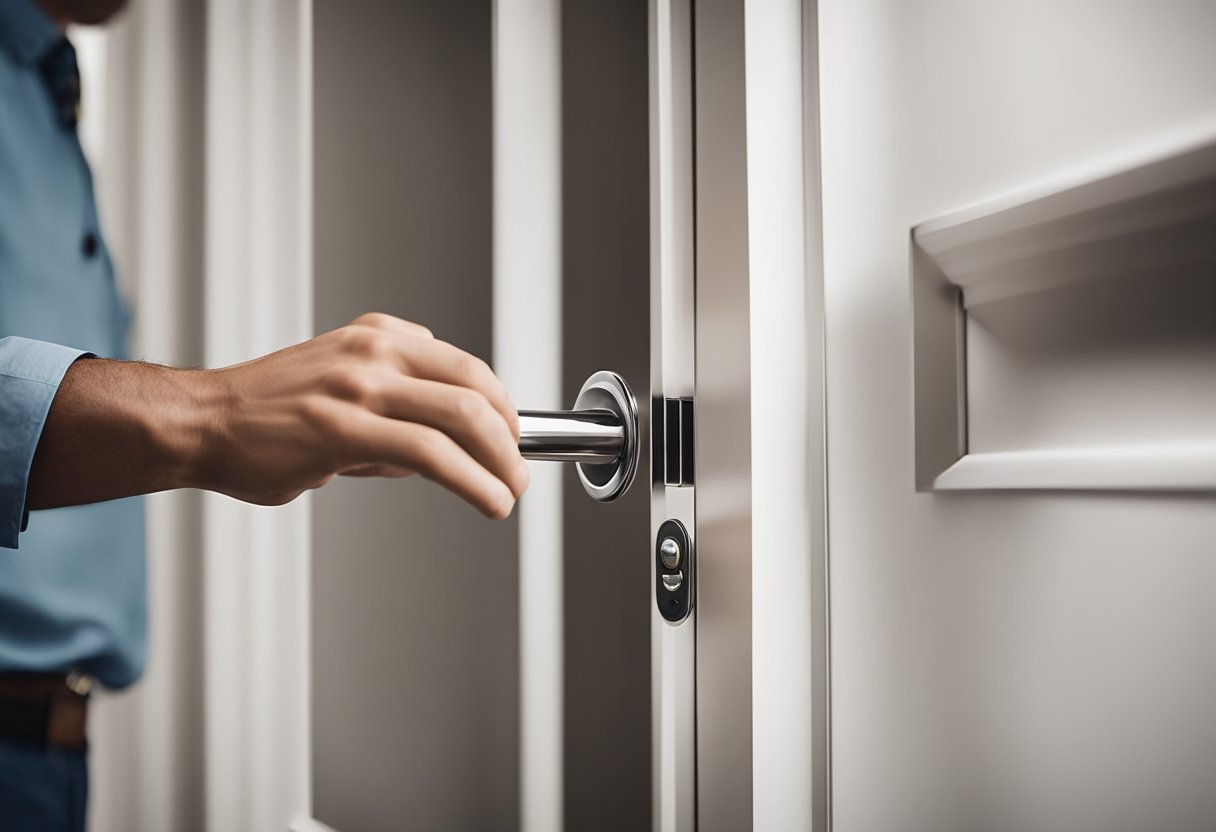 A hand reaches for a sleek, modern bedroom door with a durable lock. A maintenance worker installs the door, ensuring longevity and functionality