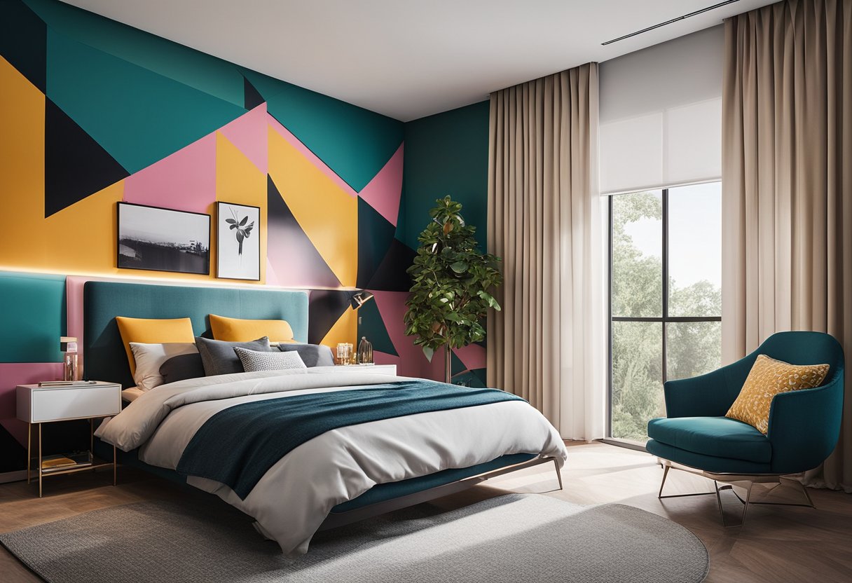 A bedroom with modern furniture and bold, geometric paint designs on the walls. The color scheme is vibrant and the finishes are sleek and polished