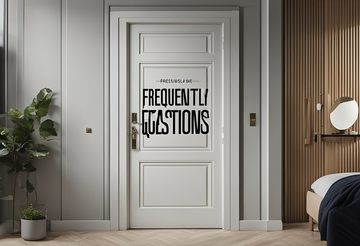 A bedroom door with "Frequently Asked Questions" printed in bold, modern font. The door is a neutral color, with a simple, sleek design