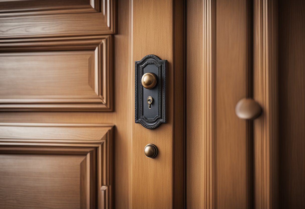 A wooden bedroom door with a simple rectangular design, featuring a small round doorknob in the center