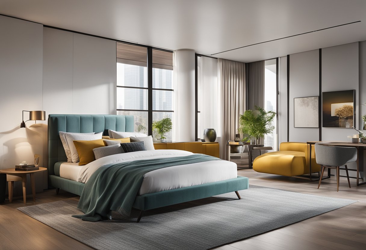 The bedroom features a sleek, modern design with a large, comfortable bed, stylish furniture, and vibrant accent colors. The room is flooded with natural light from a wall of windows, creating a warm and inviting atmosphere