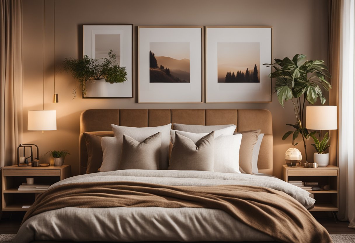 A cozy master bedroom with warm earth tones, a plush bed with layered pillows, soft lighting, and personal touches like artwork and plants