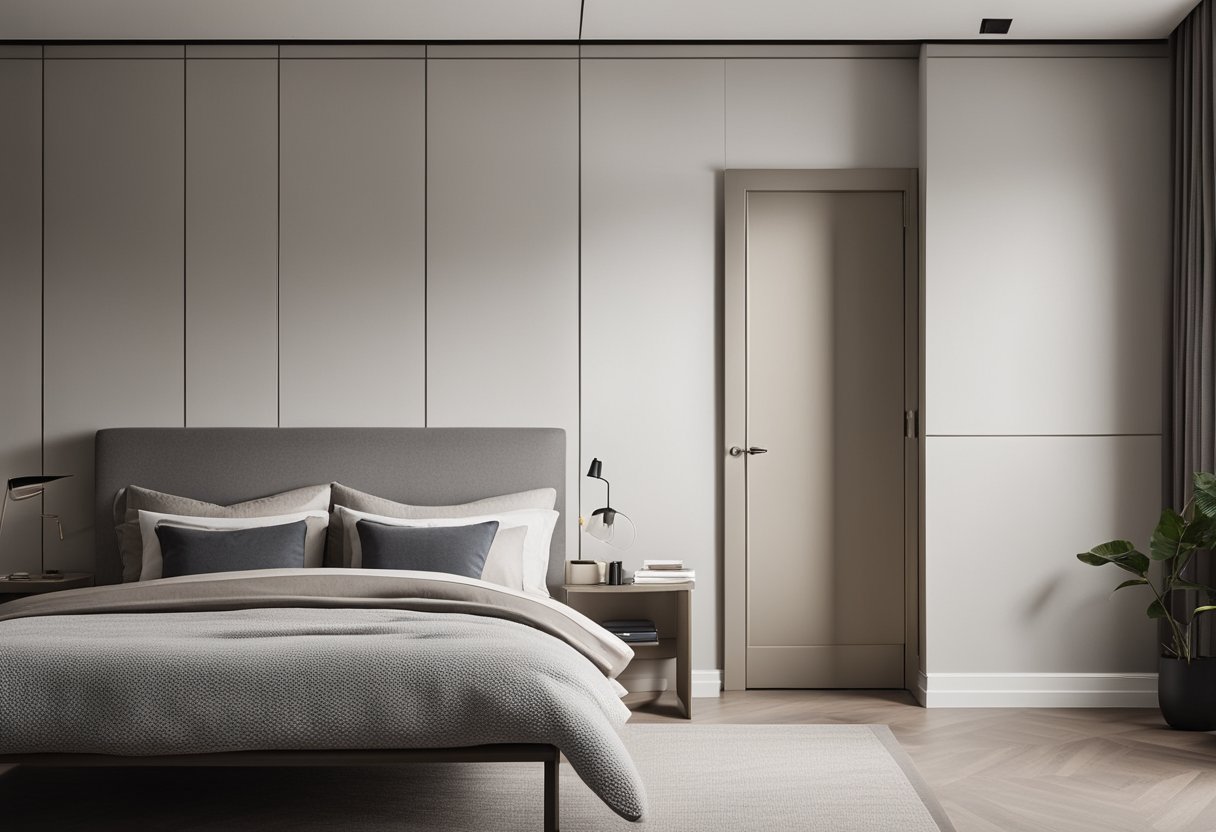 A simple bedroom door with a sleek, modern design. Clean lines, minimalistic hardware, and a neutral color palette