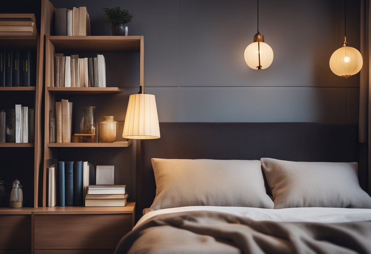 A cozy bedroom with a neatly made bed, a bedside table with a lamp, and a bookshelf filled with books and decorative items