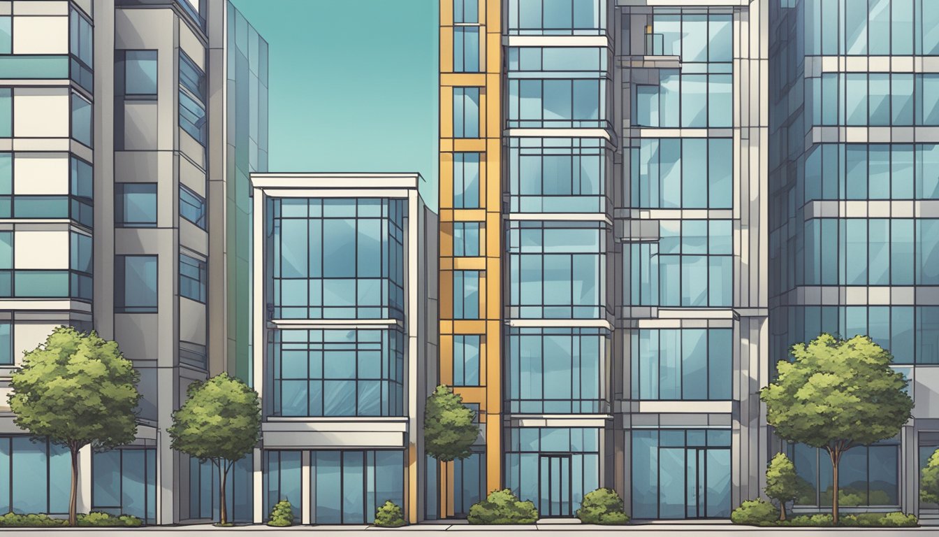 A row of modern office buildings with prominent signage for top business loan providers