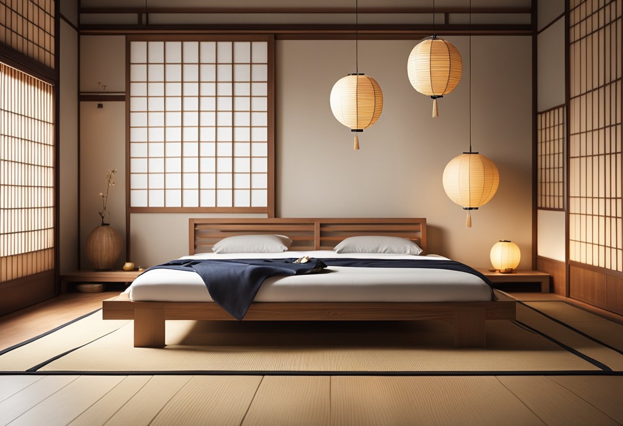 A low wooden bed with a tatami mat floor, sliding shoji doors, paper lanterns, and minimalist decor in a Japanese bedroom