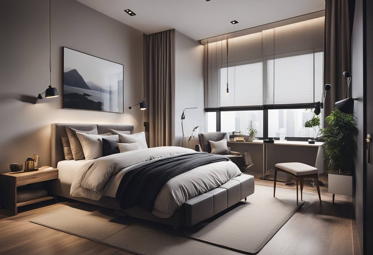 A spacious bedroom with a large, comfortable bed, soft lighting, and modern decor. A cozy reading nook and a sleek workspace complete the stylish design