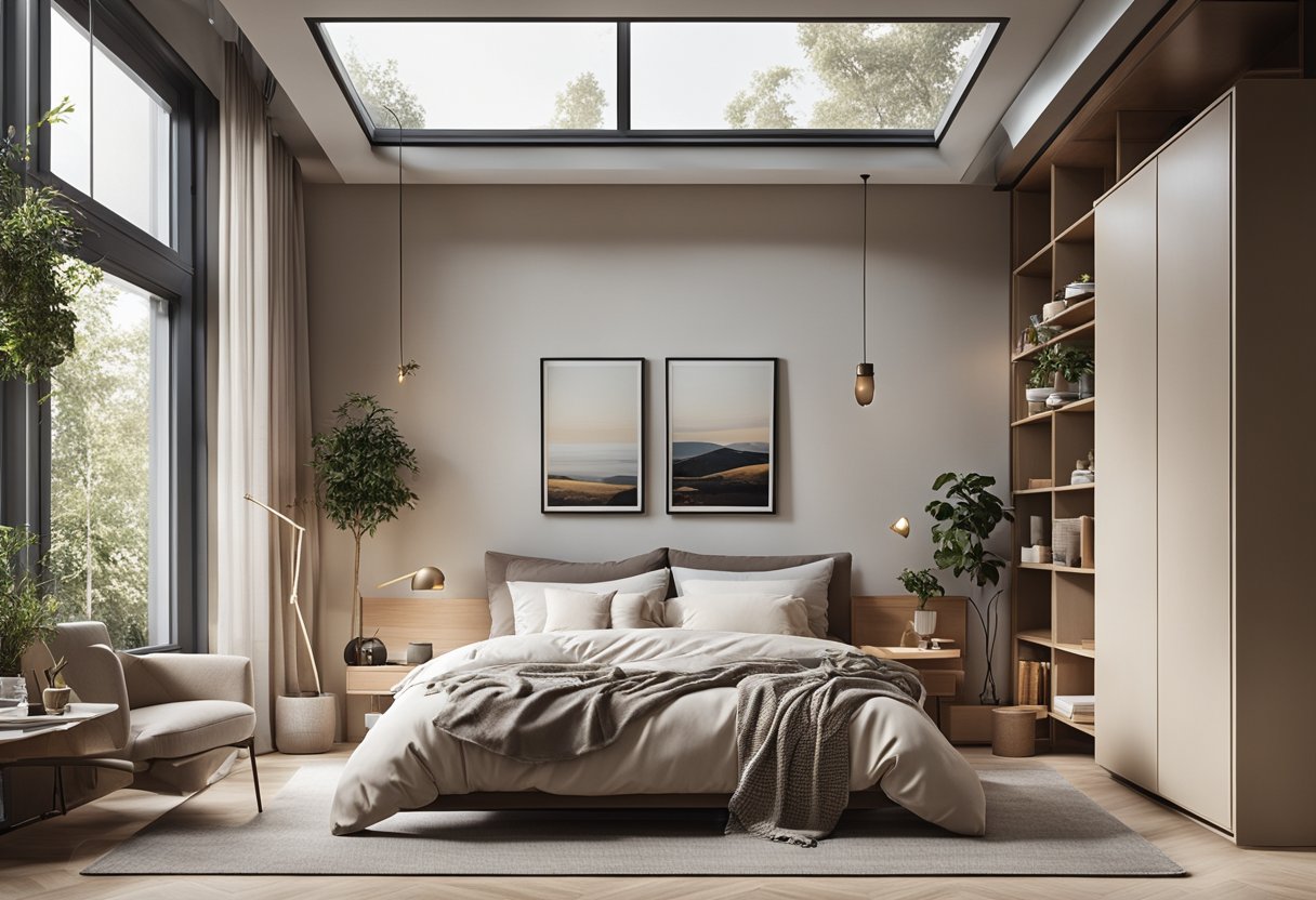 A cozy bedroom with a space-saving layout, a neutral color palette, and multifunctional furniture. A large window provides natural light, and the room is adorned with minimalist decor and storage solutions