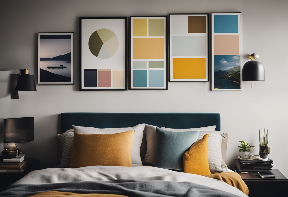 A cozy bedroom with various paint swatches on the wall, a color wheel, and a stack of design magazines on the bedside table