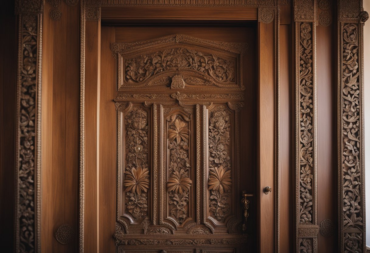 A bedroom with a wooden door featuring intricate carvings and ornate hardware