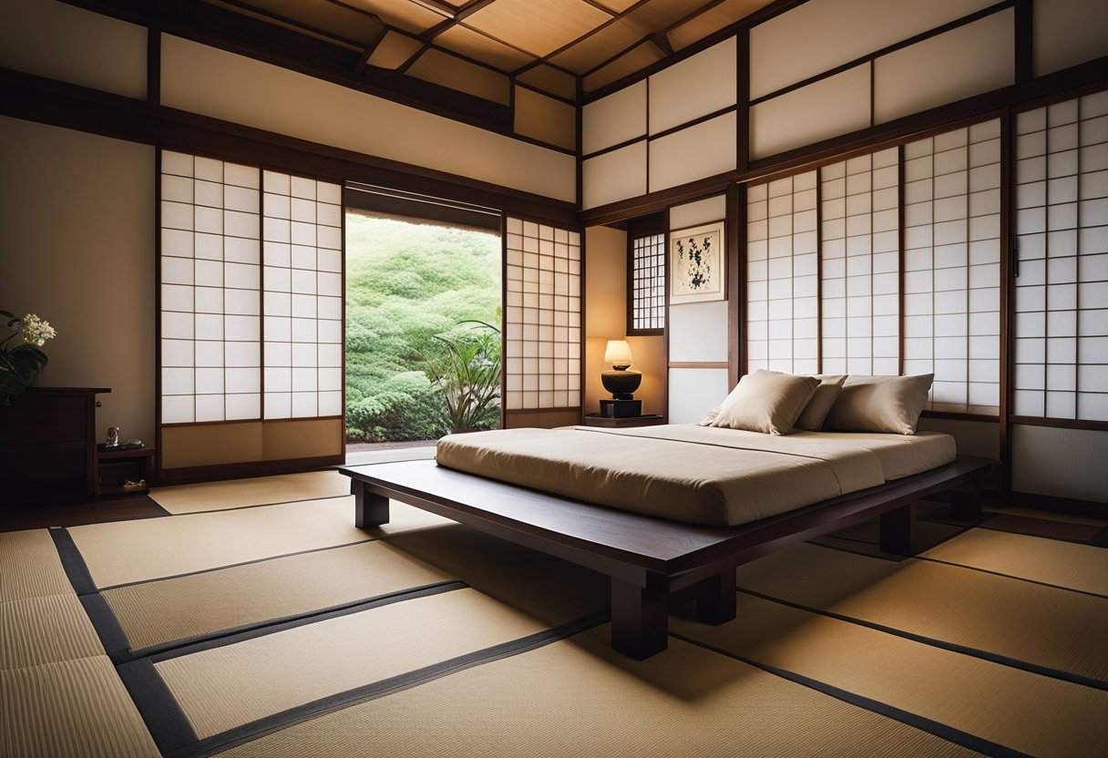 A serene Japanese bedroom with traditional tatami flooring, sliding shoji screens, low futon bed, and minimalist decor
