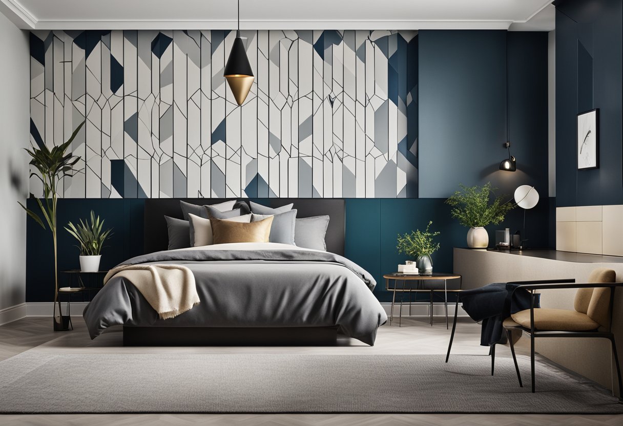 A sleek, geometric wall design with bold lines and contrasting colors, adding a modern touch to the bedroom aesthetic
