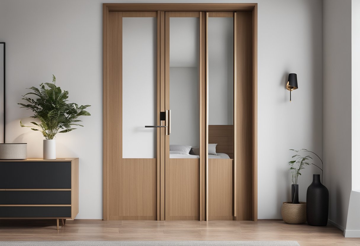 A bedroom with a sleek, modern wooden door design. Clean lines and minimalistic hardware