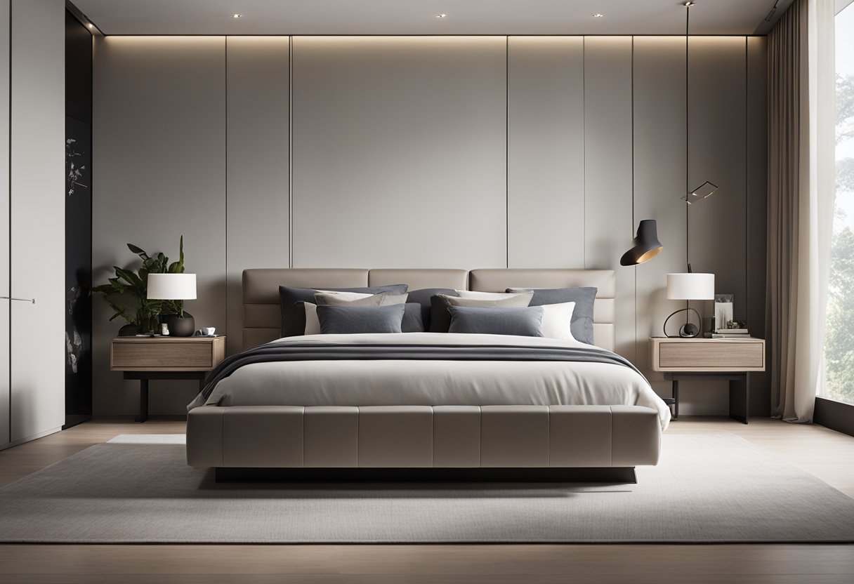 A modern bedroom with sleek, minimalist furniture. A platform bed with clean lines and a low profile, paired with a matching dresser and nightstands. The color scheme is neutral with pops of bold accent colors