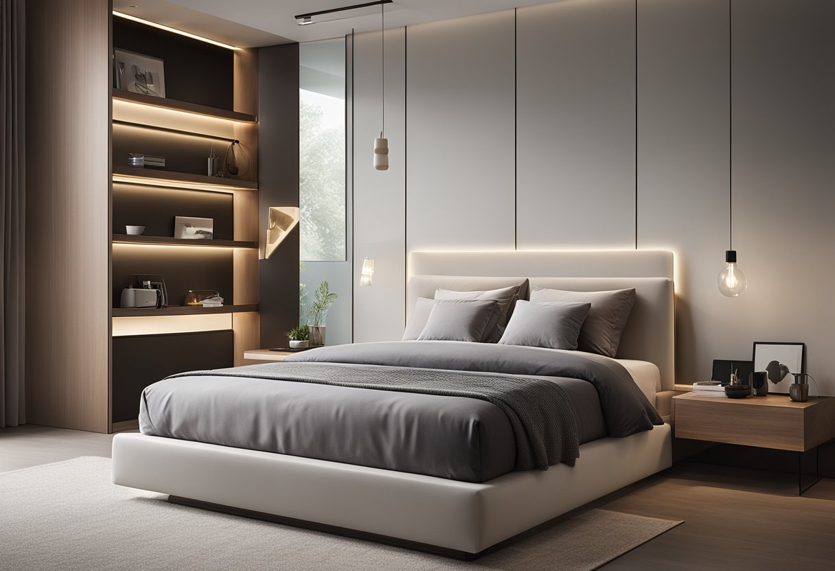 A spacious, well-lit bedroom with a sleek, minimalist wall design incorporating built-in shelves, hidden storage, and integrated lighting for enhanced functionality and comfort