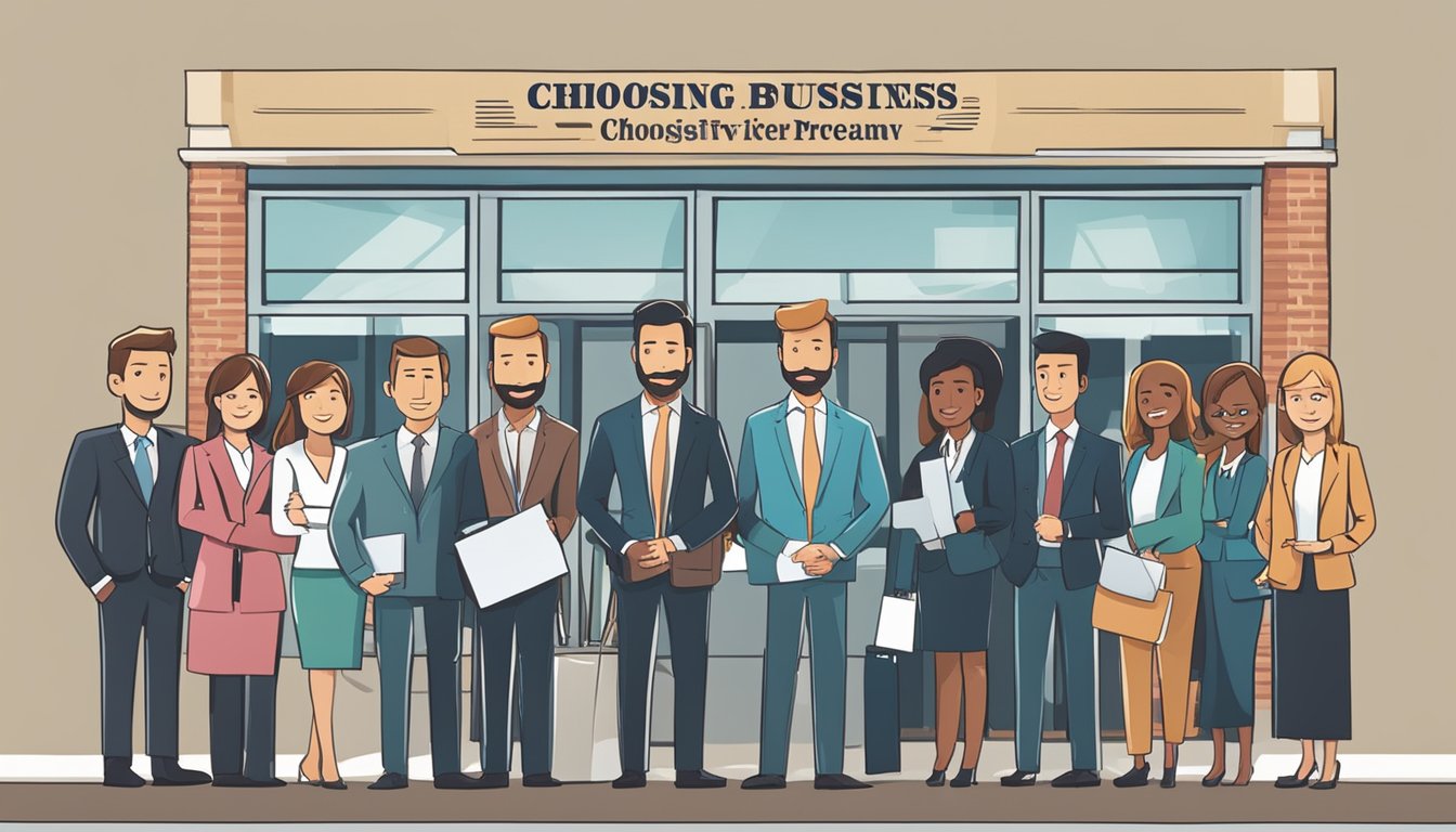 A group of business loan providers stand in a row, each holding a sign with their company name and logo. They are positioned in front of a large banner that reads "Choosing the Right Business Loan Provider."
