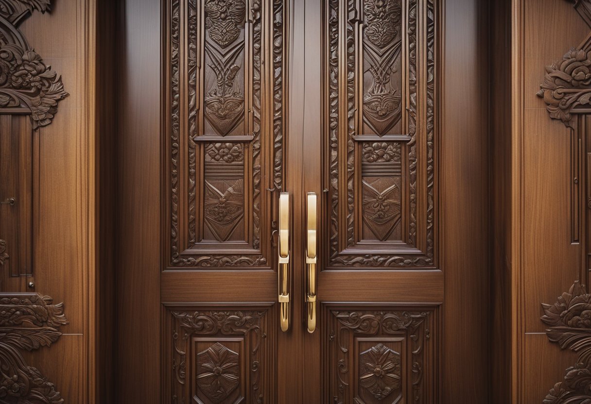 A wooden bedroom door with sleek lines and intricate carvings, blending functionality and aesthetics seamlessly