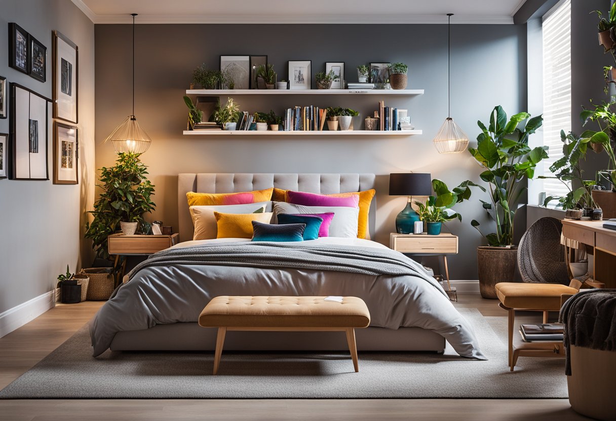 A cozy bedroom with vibrant colors, modern furniture, and unique decor. A large bed with colorful pillows, stylish lighting, and a wall adorned with artwork and shelves filled with books and plants