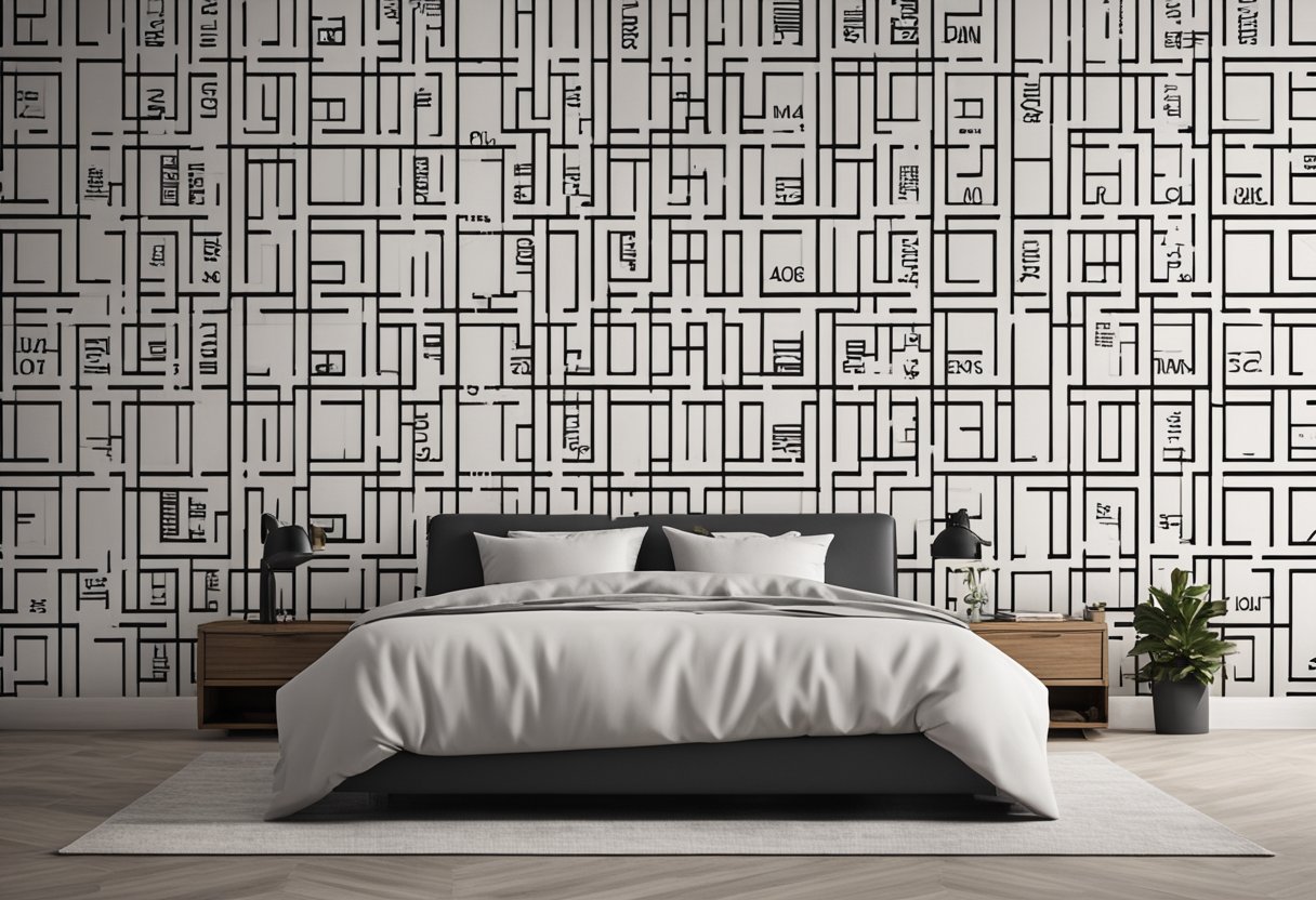 A bedroom wall with a sleek and modern design featuring a grid of frequently asked questions in bold, contemporary typography