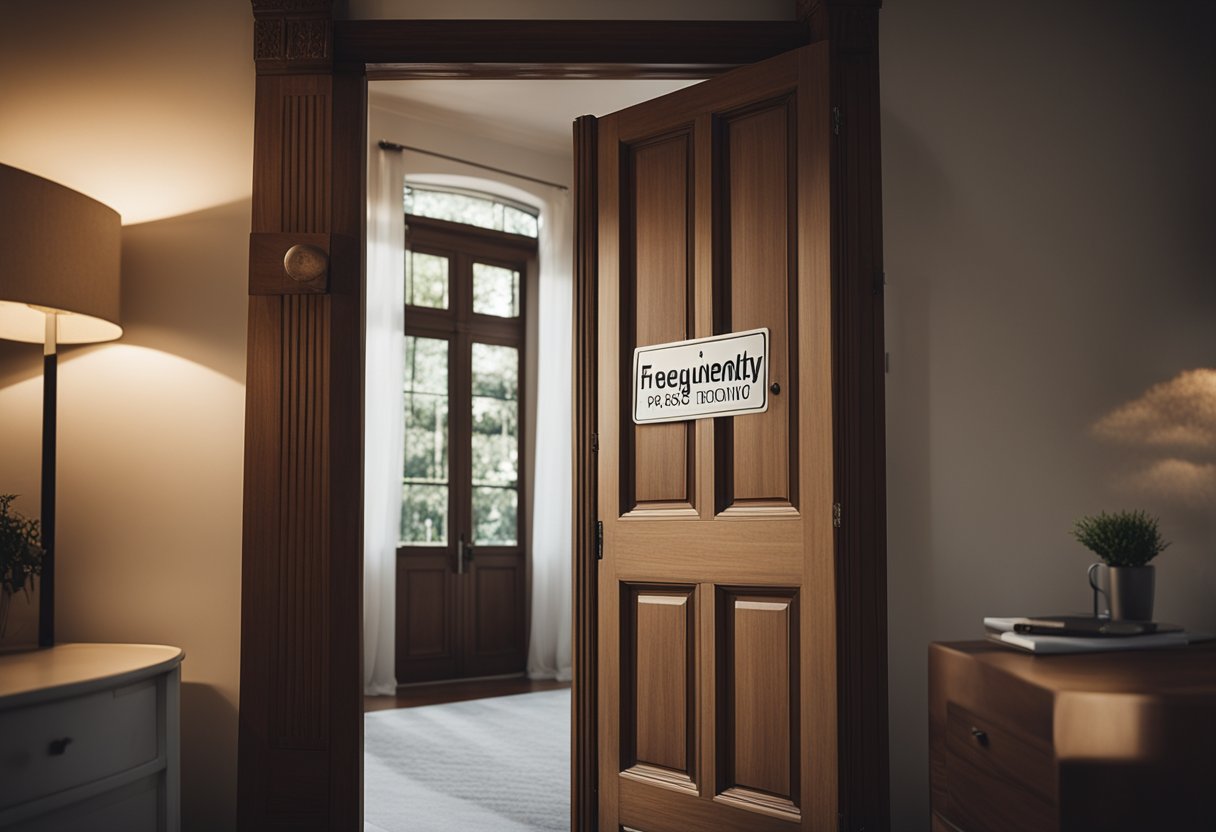 A bedroom with a wooden door, a sign with "Frequently Asked Questions" on it
