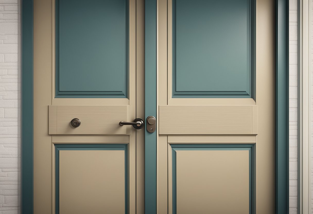 A simple bedroom door with a plain, rectangular design and a doorknob in the center. The door is closed, with no visible signs of wear or decoration