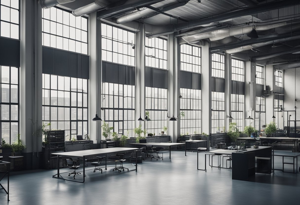 A spacious white industrial interior with sleek metal furniture, exposed pipes, and large windows letting in natural light
