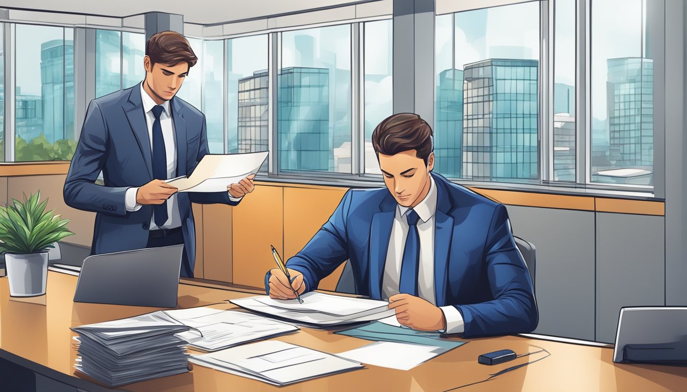 A businessman signs a loan agreement with a bank representative in a modern office setting