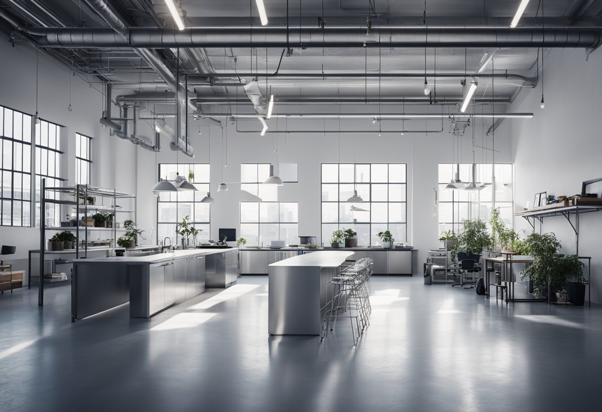 A clean, minimalist white industrial interior with exposed pipes and sleek furniture. Bright lighting and open space create a modern, welcoming atmosphere