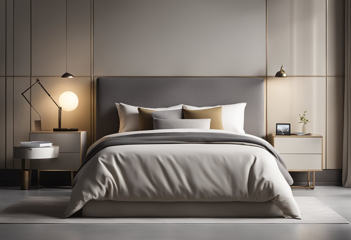 A single bed with sleek, minimalistic frame. Clean lines, neutral color palette, and uncluttered surfaces. A small desk or nightstand with a simple lamp