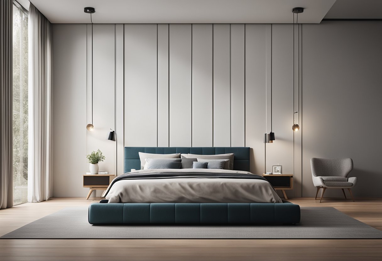 A modern bed with sleek lines and a minimalist nightstand in a spacious, well-lit bedroom