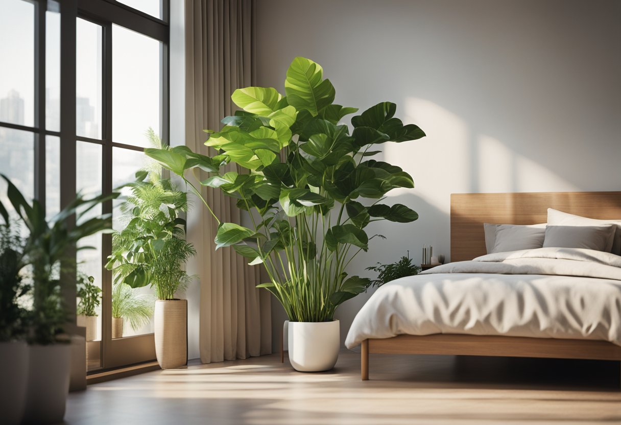 A bedroom with a large potted plant in the corner, next to a sunlit window. The plant has lush green leaves and is surrounded by smaller, decorative plants