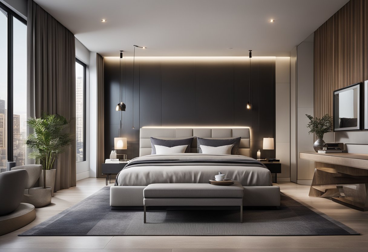 A modern bedroom with sleek furniture, clean lines, and minimalist decor. The bed is the focal point, with a stylish headboard and matching nightstands