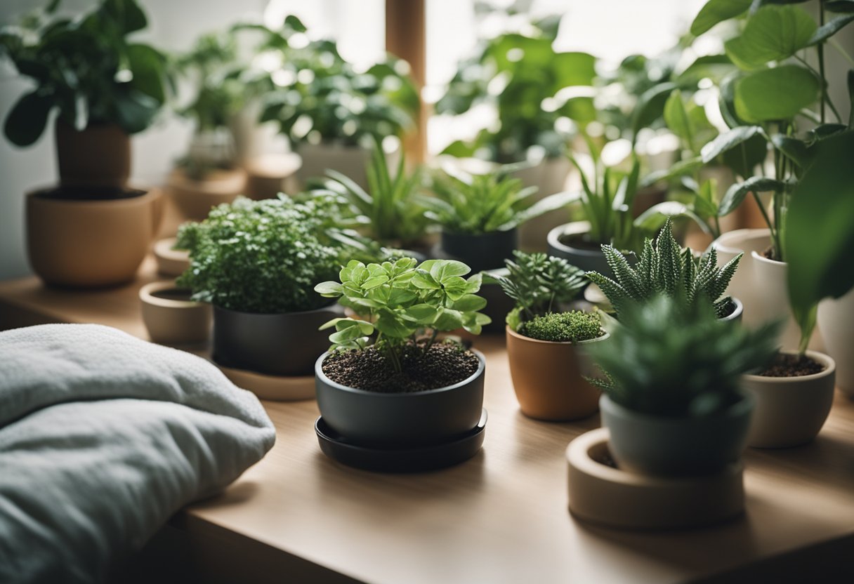 A person carefully chooses and arranges various potted plants in a well-lit bedroom, creating a cozy and inviting atmosphere