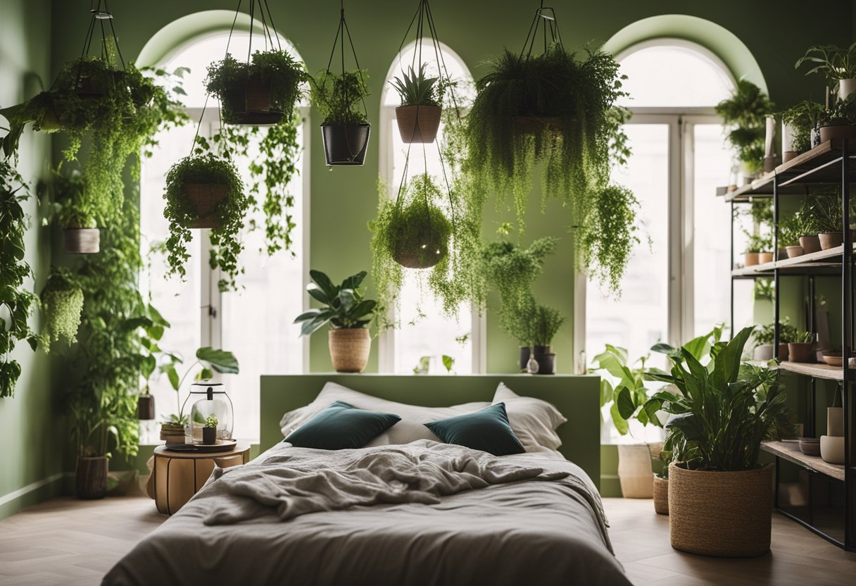 A cozy bedroom with lush green plants arranged on shelves and hanging from the ceiling, creating a tranquil and natural oasis