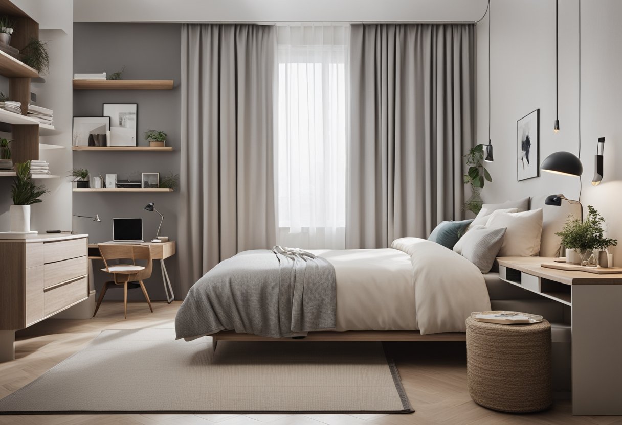 A simple modern single bedroom with a clean, uncluttered design, featuring functional and aesthetically pleasing furniture and decor