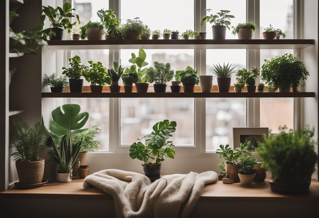 A cozy bedroom with a variety of potted plants placed on shelves and windowsills, adding a touch of greenery to the space