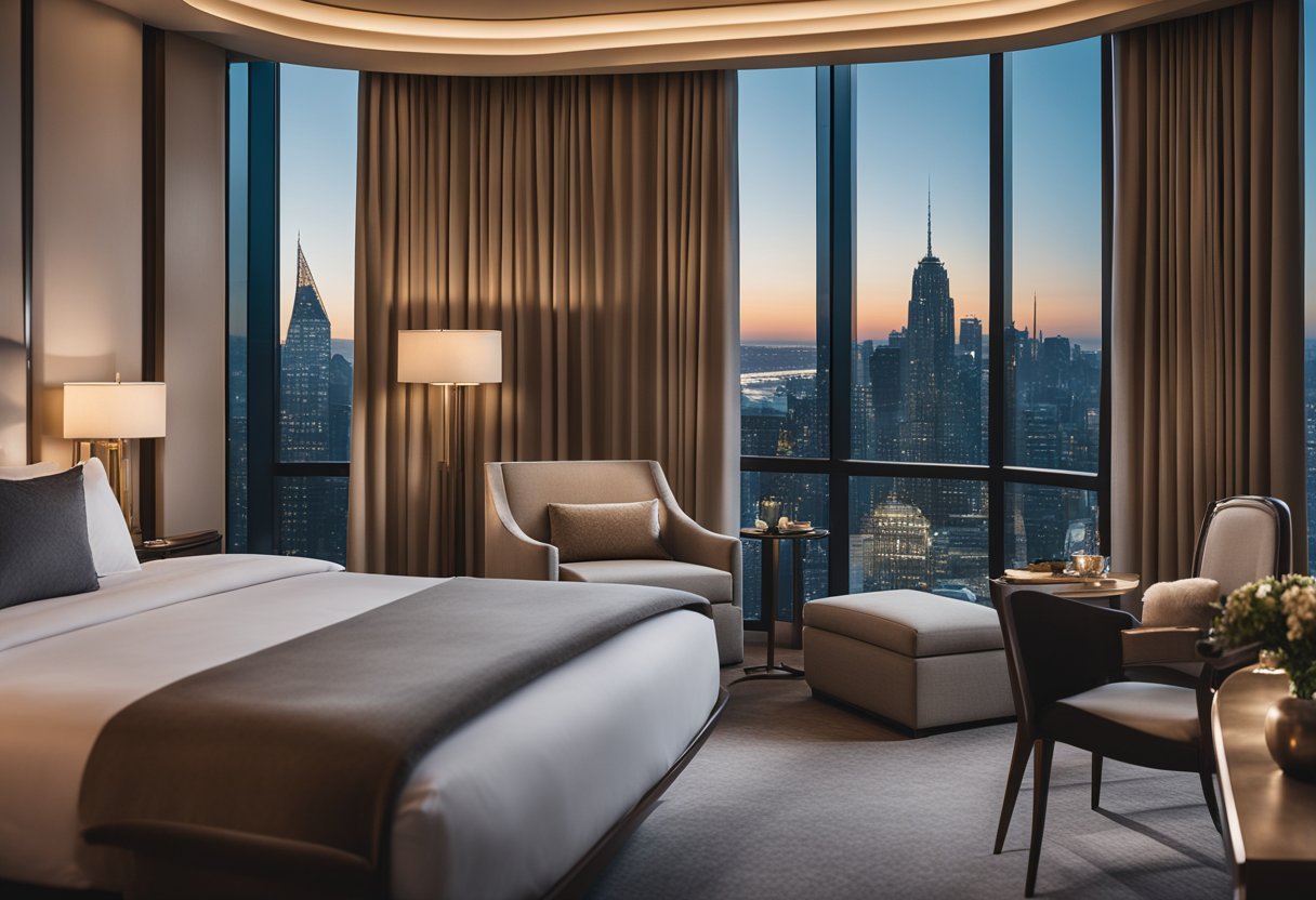 A spacious, elegant hotel bedroom with a king-sized bed, soft lighting, and a panoramic view of the city skyline. Rich, neutral tones and luxurious textures create a serene, inviting atmosphere